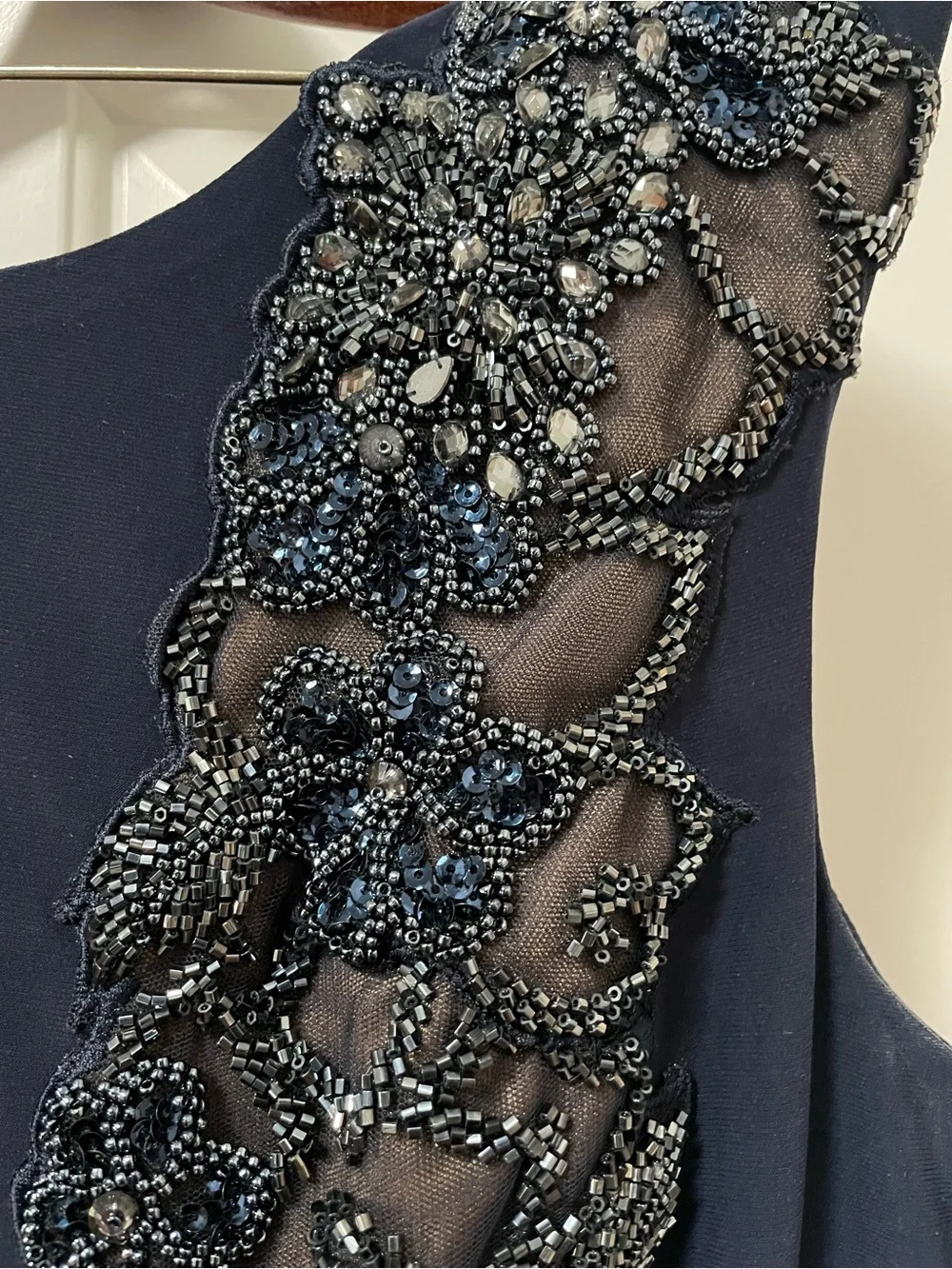 Xscape Navy Maxi Evening Gown with Beaded Appliqué